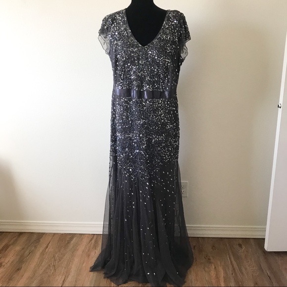 adrianna papell long beaded dress with cap sleeves Cap Sleeve Beaded Collar Ballgown In Bellini, Bellini / Regular / 14